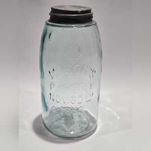 Vintage Half Gallon Blue Maltese Cross Mason Jar with Lid Patent Nov 30 1858